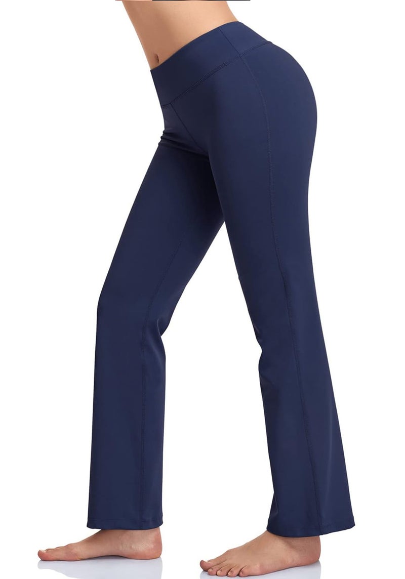 HISKYWIN Inner Pocket Yoga Pants 4 Way Stretch Tummy Control Workout Running Pants, Long Bootleg Flare Pants HF2-Navy Blue-S - Image 1